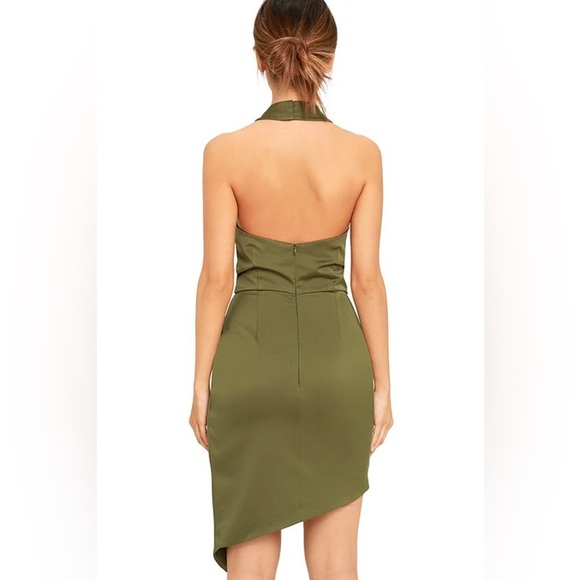 Elliatt Camo Asymmetric Satin Halter Dress in Khaki Green - Picture 5 of 15